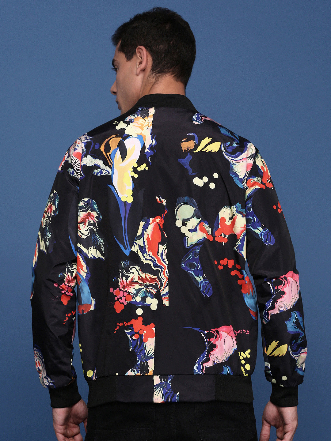 Men Printed Black Bomber Jacket