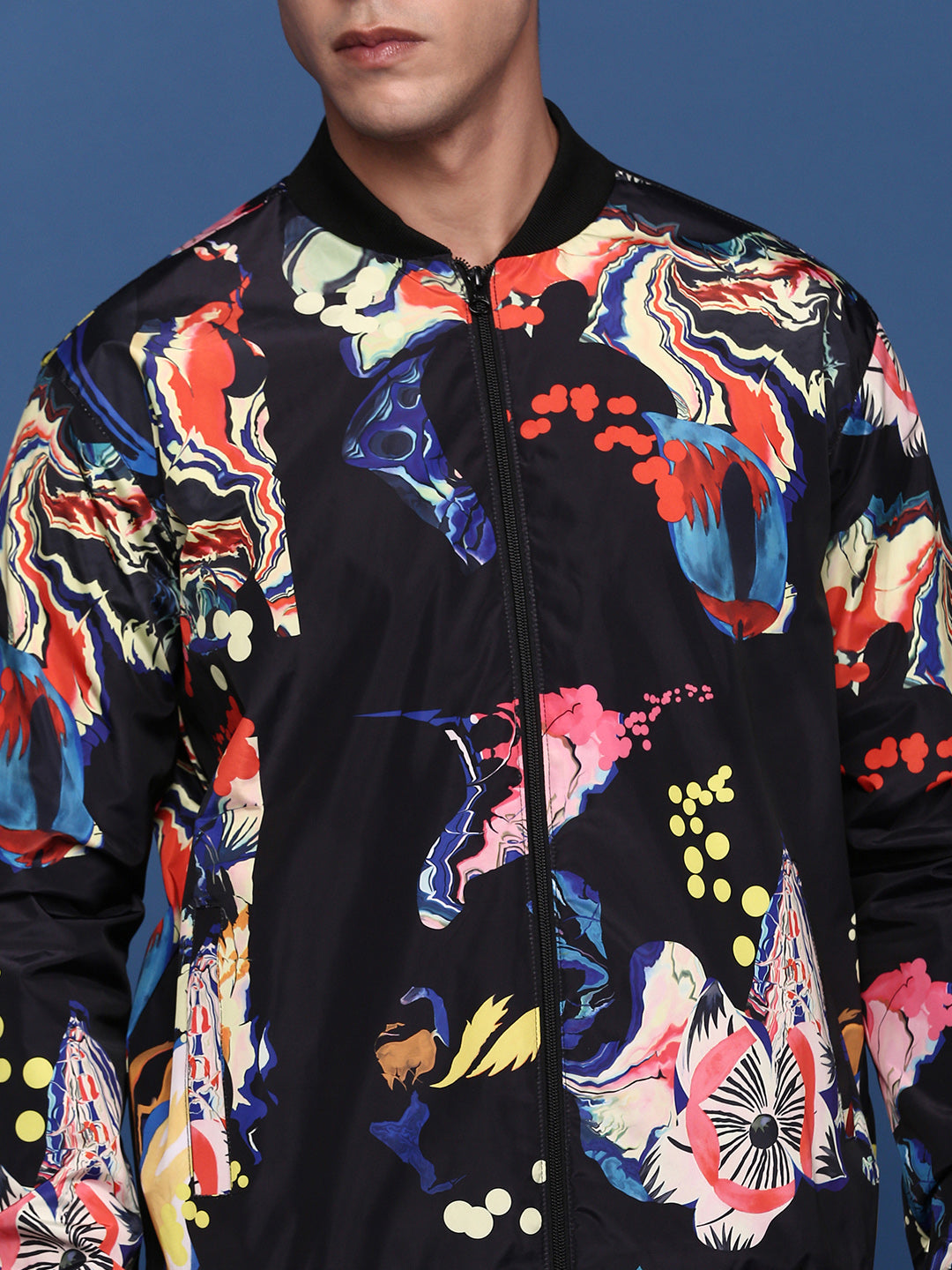 Men Printed Black Bomber Jacket