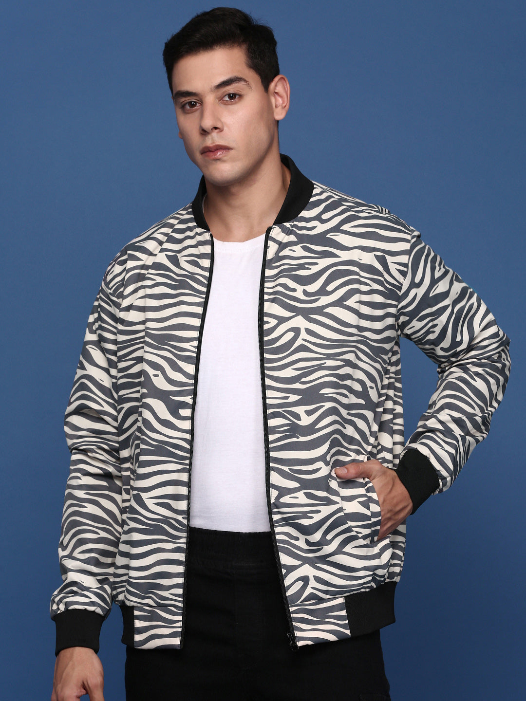 Men Printed Grey Bomber Jacket