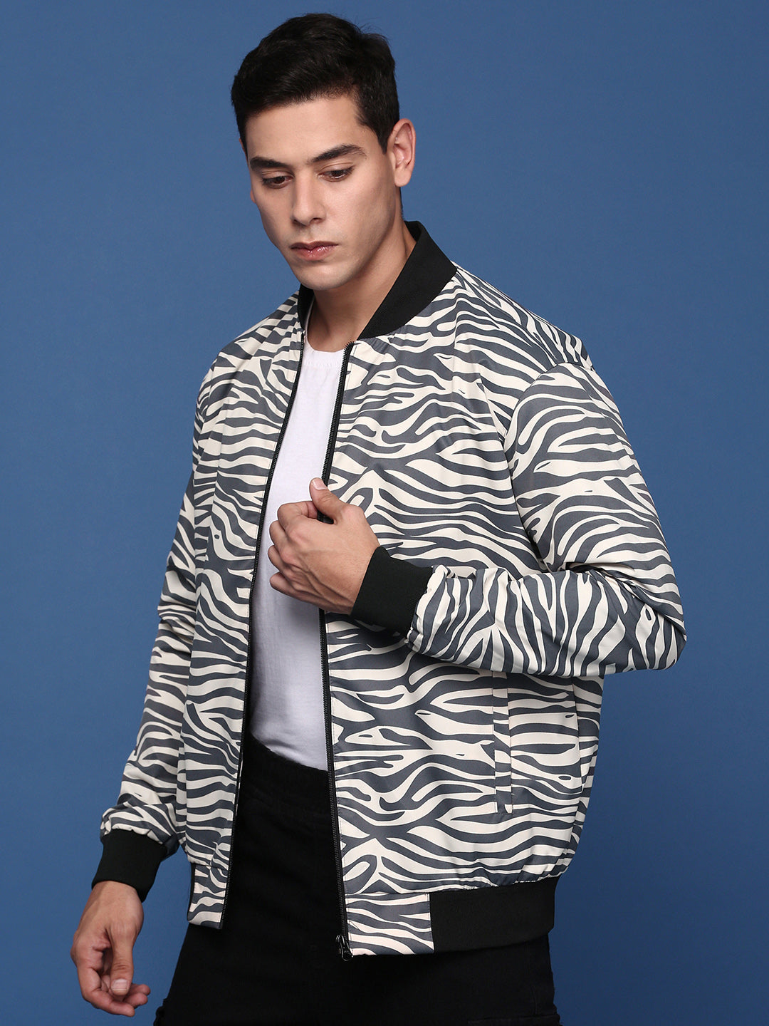 Men Printed Grey Bomber Jacket