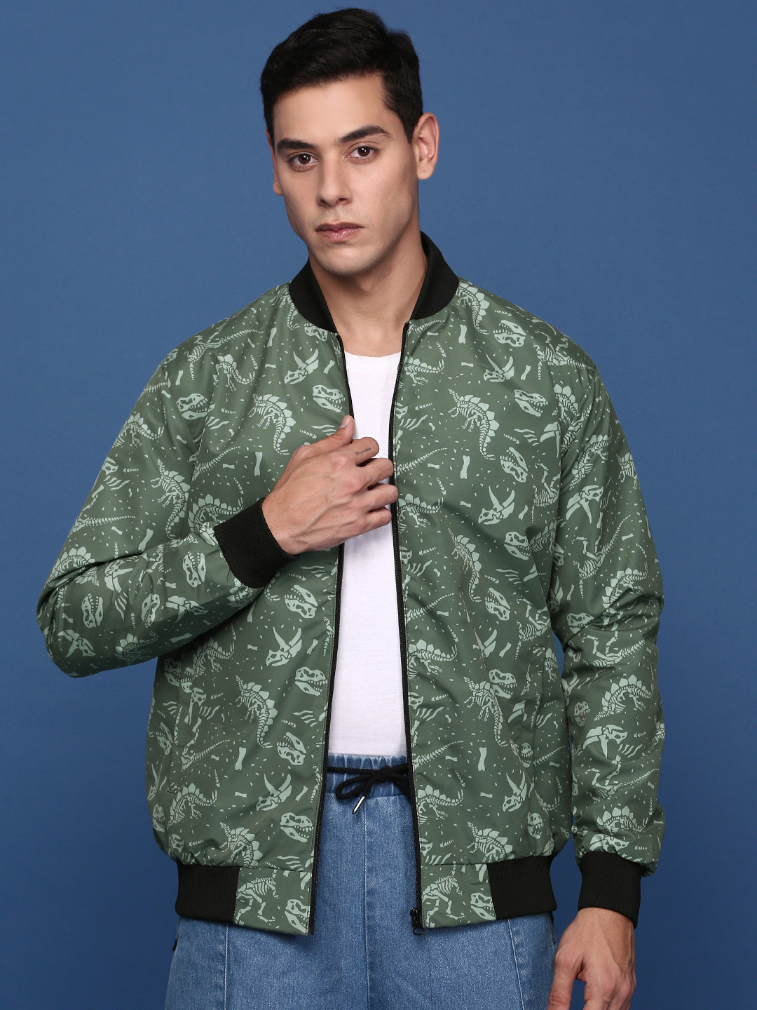 Men Printed Green Bomber Jacket