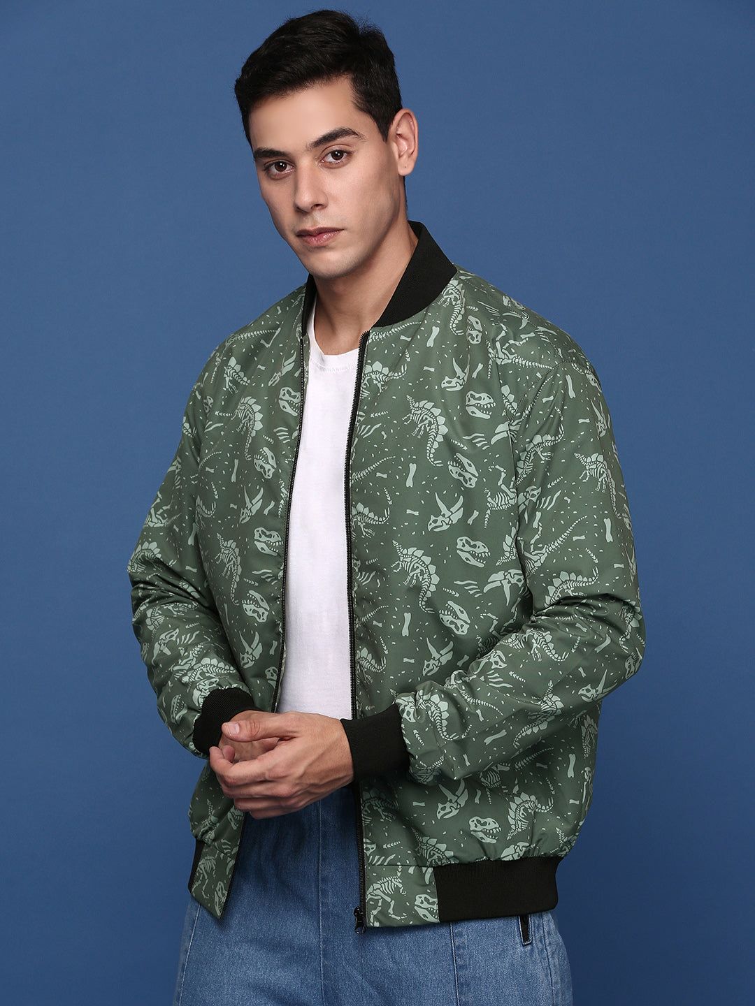 Men Printed Green Bomber Jacket