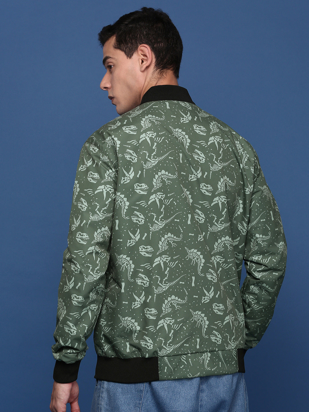 Men Printed Green Bomber Jacket