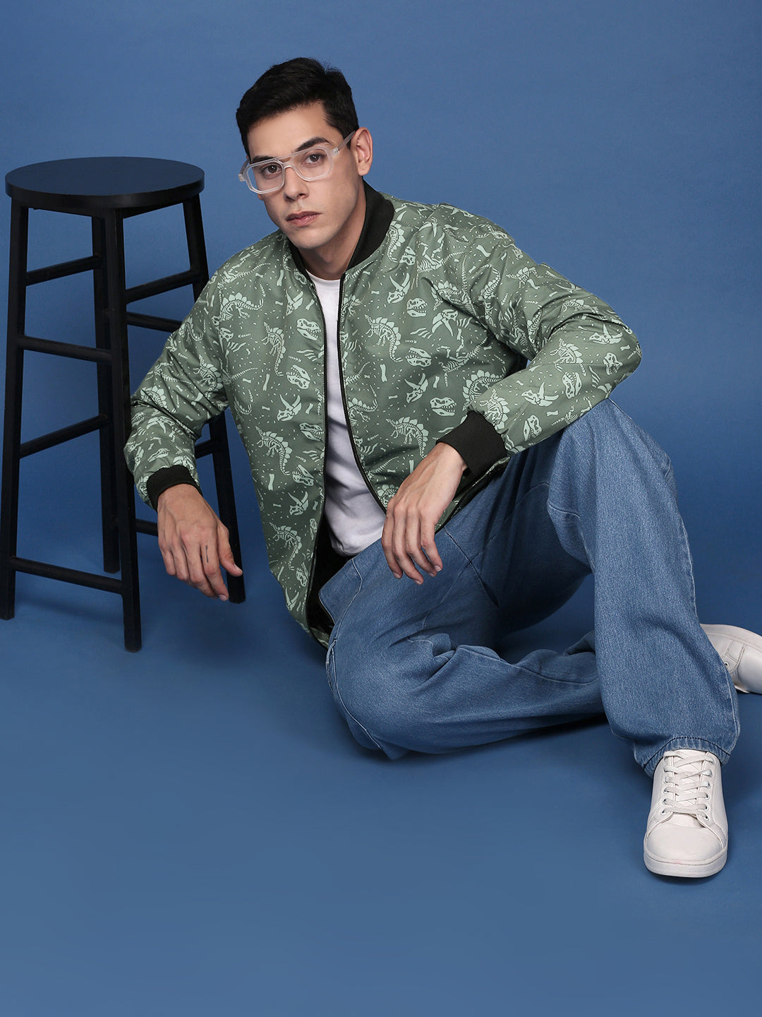 Men Printed Green Bomber Jacket