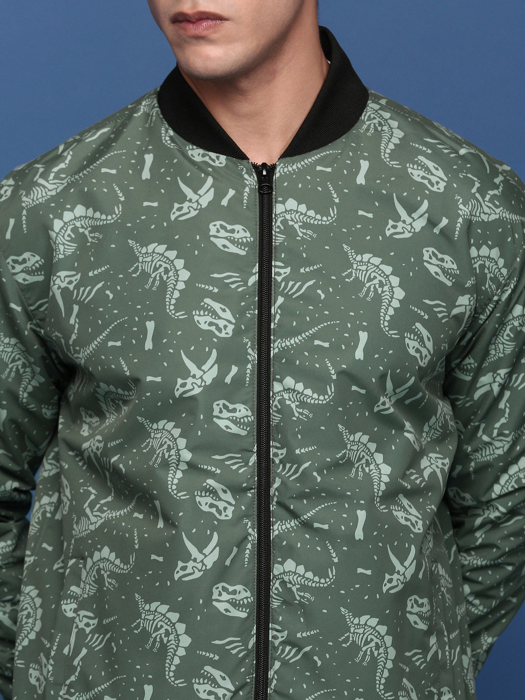 Men Printed Green Bomber Jacket