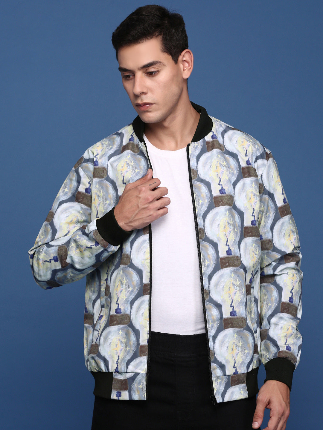 Men Printed Grey Bomber Jacket