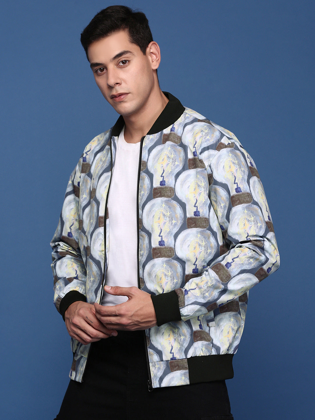 Men Printed Grey Bomber Jacket