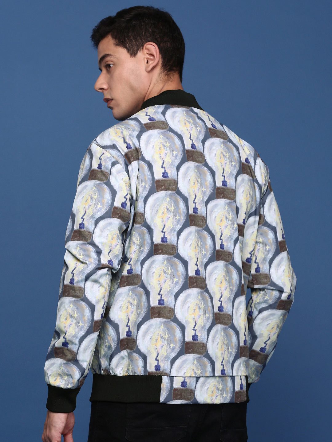 Men Printed Grey Bomber Jacket