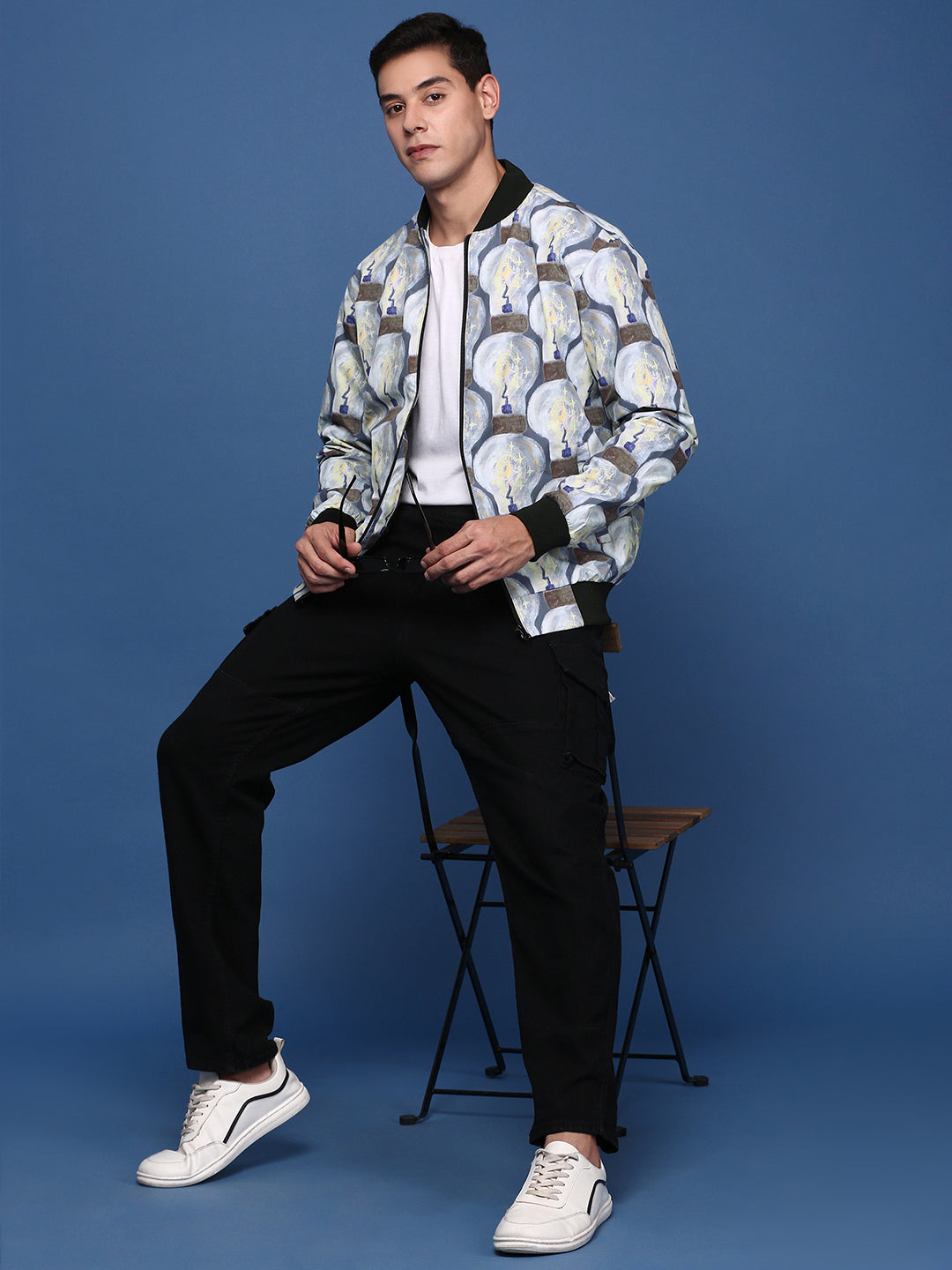 Men Printed Grey Bomber Jacket