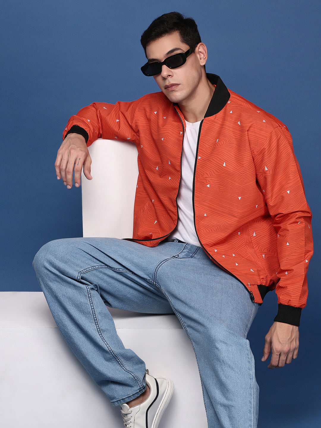 Men Printed Orange Bomber Jacket