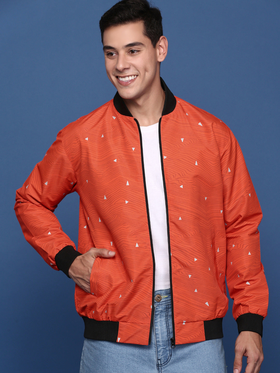 Men Printed Orange Bomber Jacket