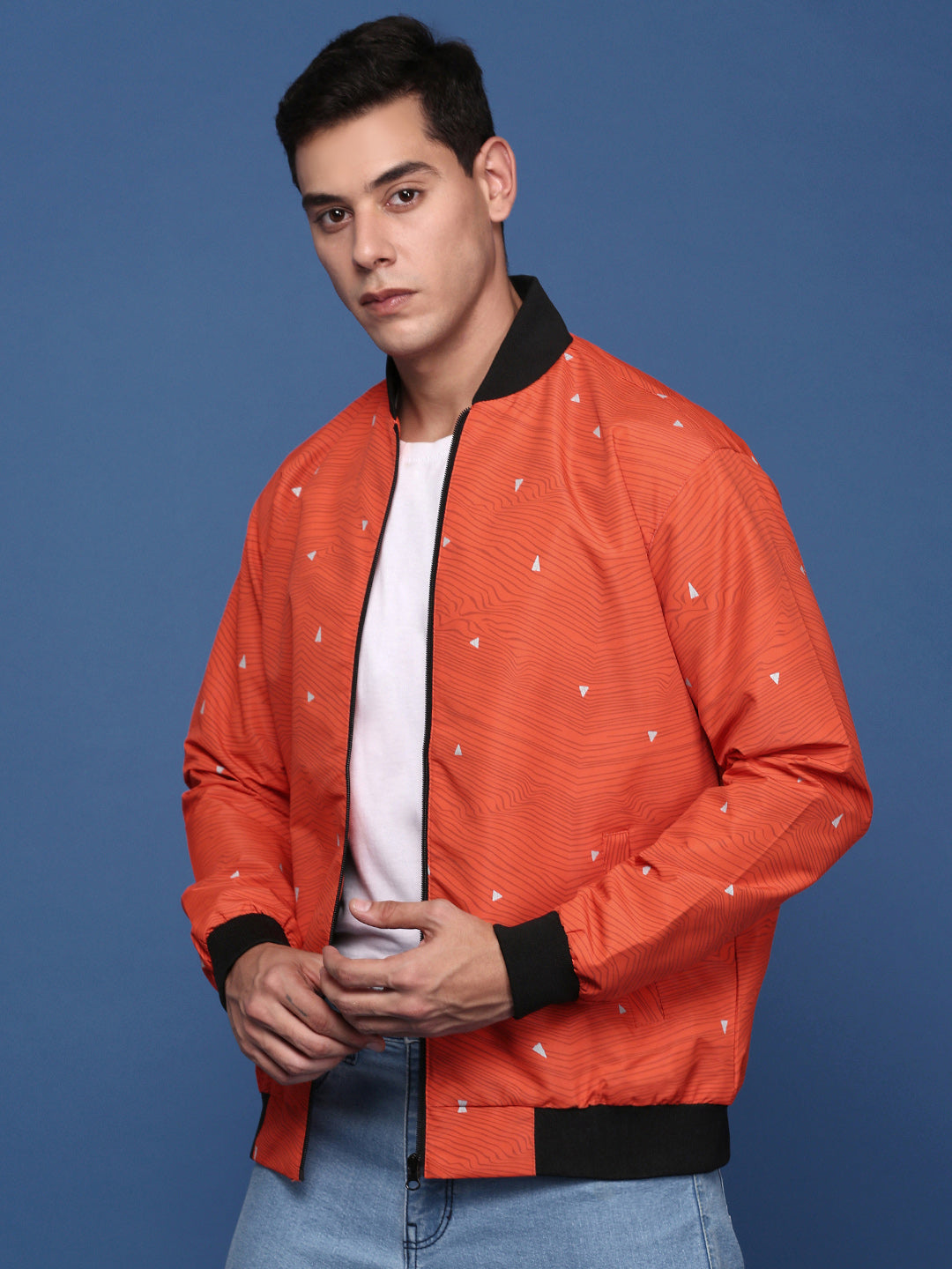 Men Printed Orange Bomber Jacket