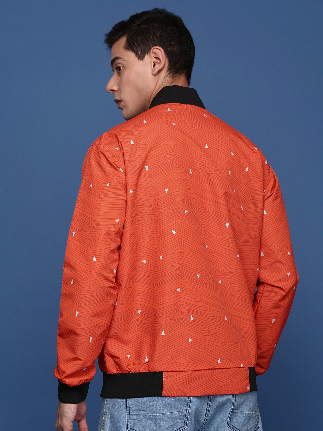 Men Printed Orange Bomber Jacket