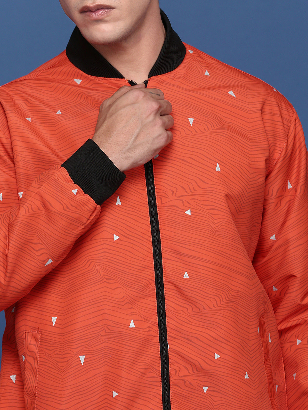 Men Printed Orange Bomber Jacket