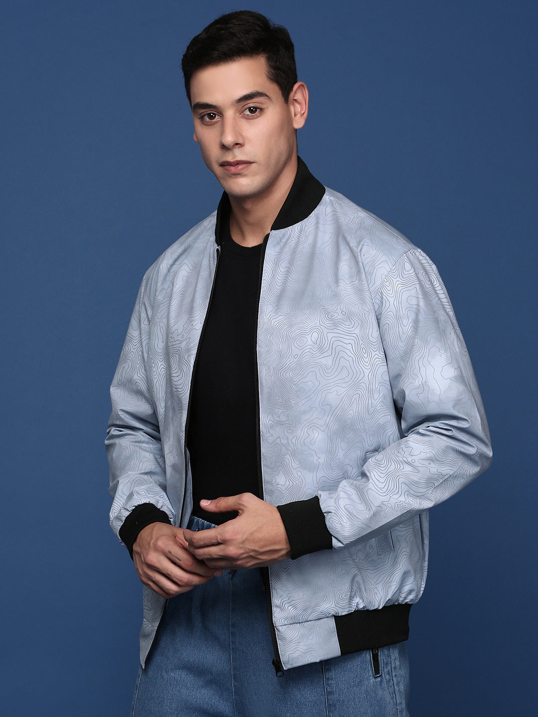 Men Printed Grey Bomber Jacket