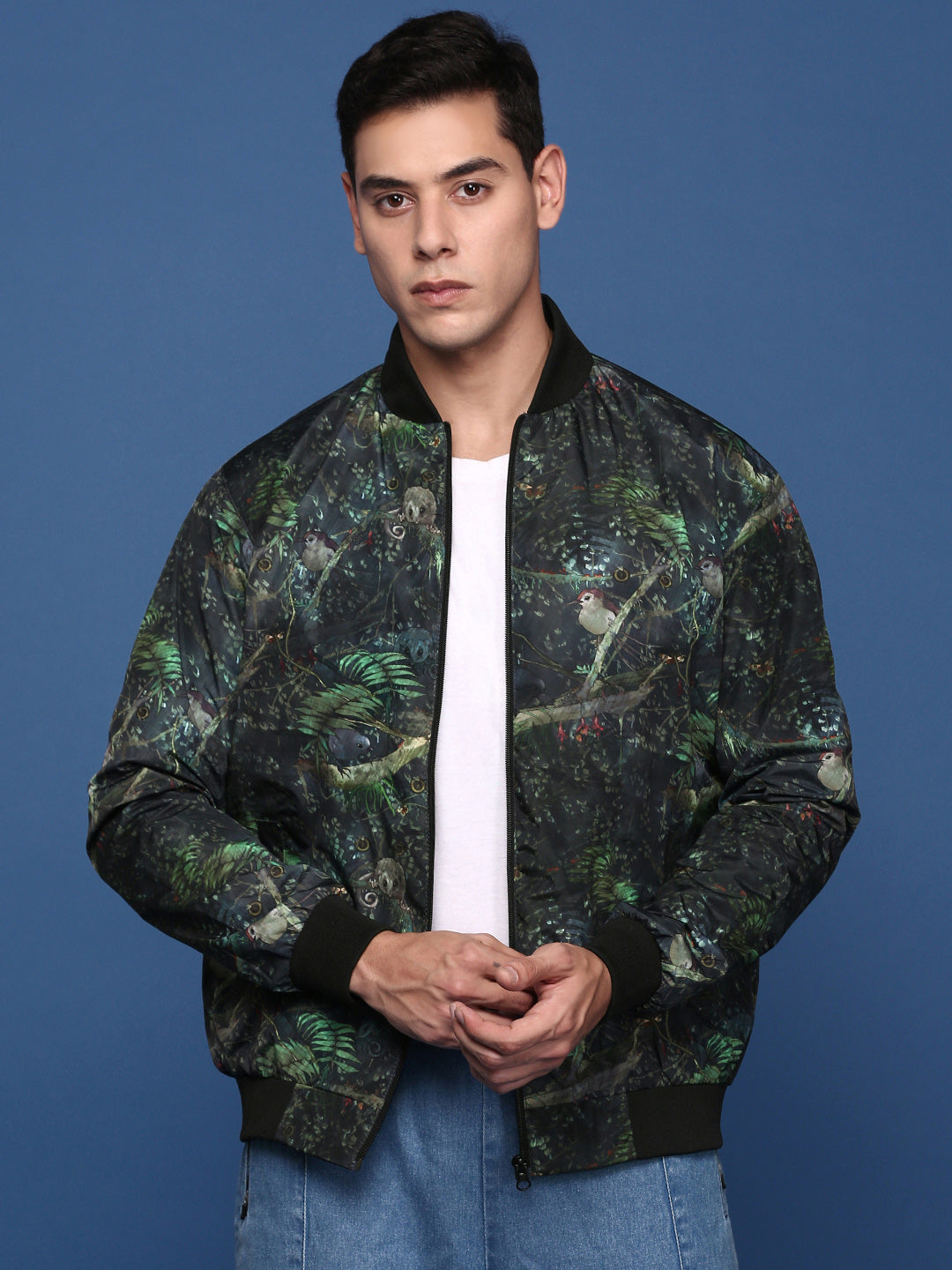 Men Printed Green Bomber Jacket