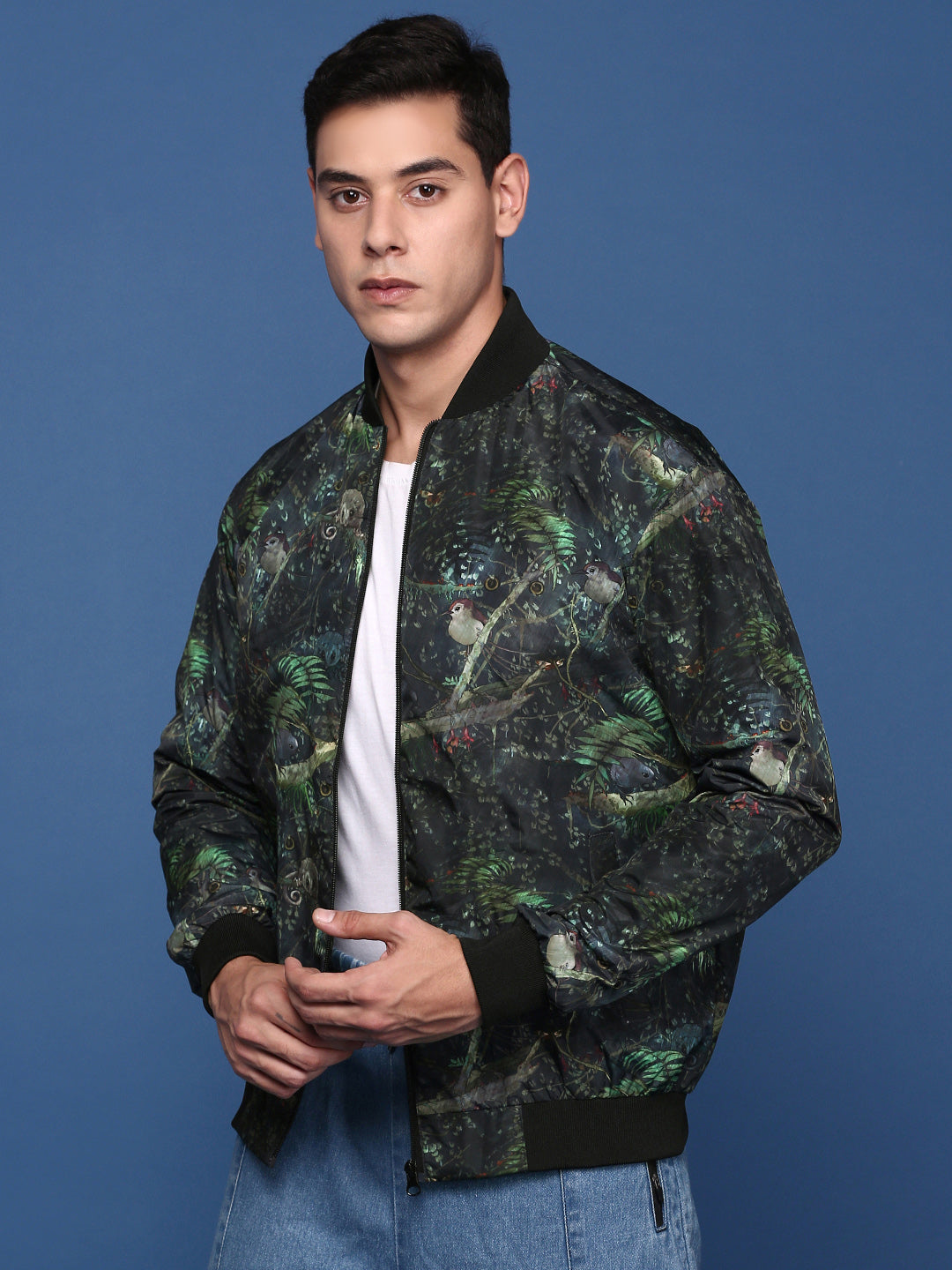 Men Printed Green Bomber Jacket