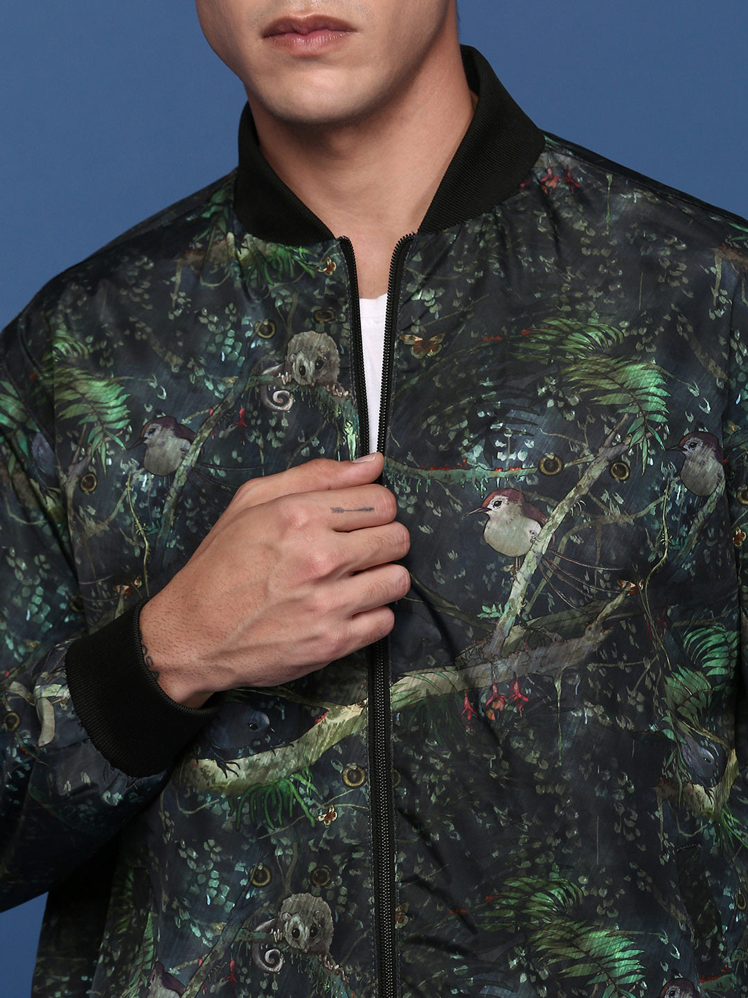 Men Printed Green Bomber Jacket