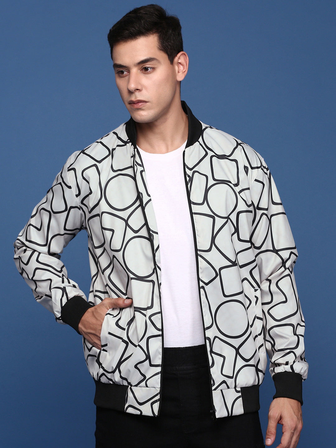 Men Printed Grey Bomber Jacket