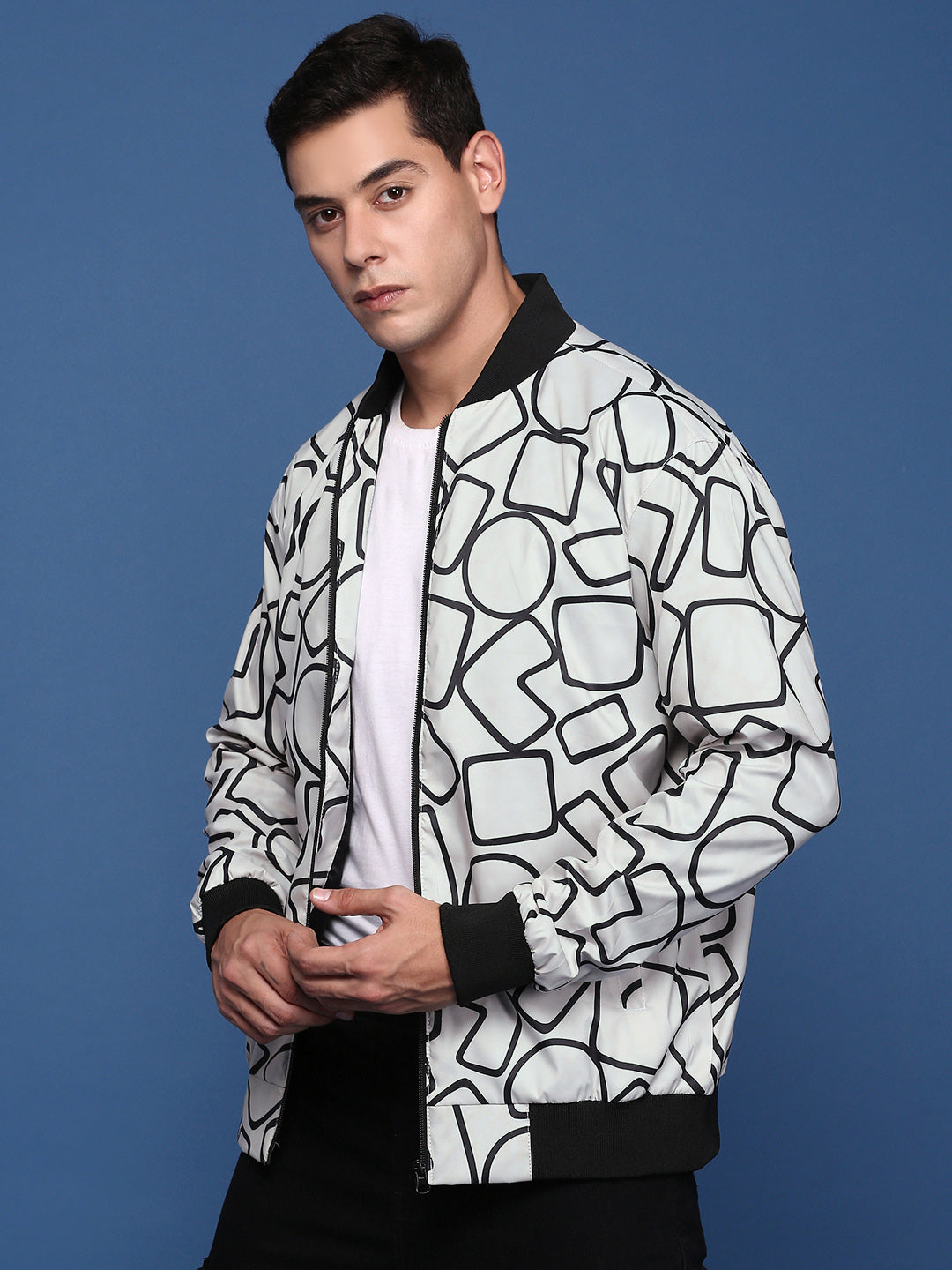 Men Printed Grey Bomber Jacket