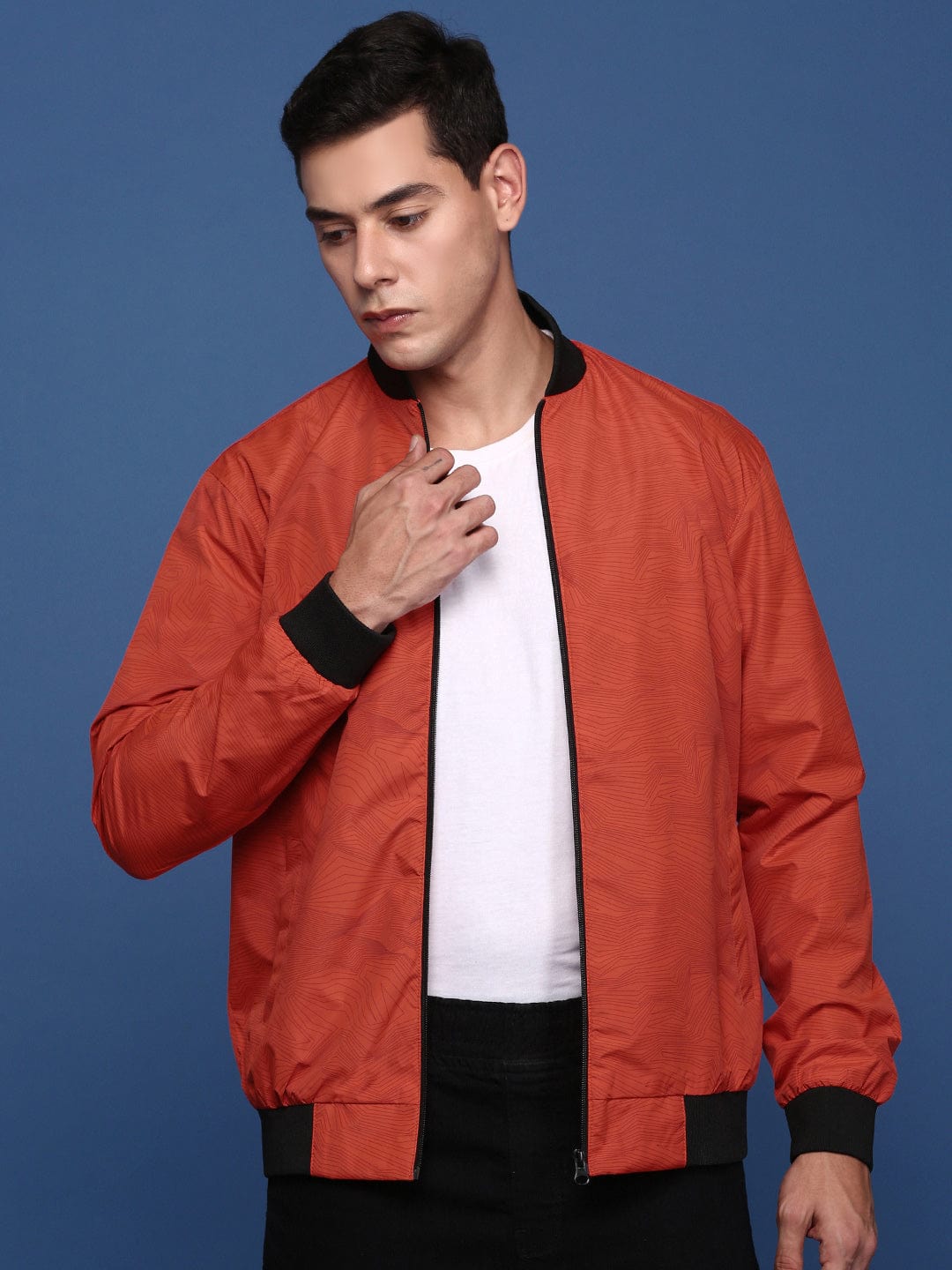 Buy Men's Orange Graphic Printed Windcheater Padded Jacket Online