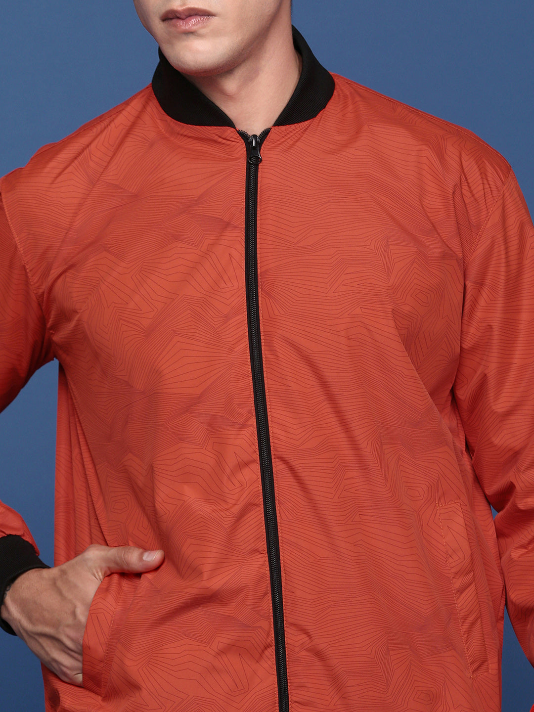 Men Printed Orange Bomber Jacket