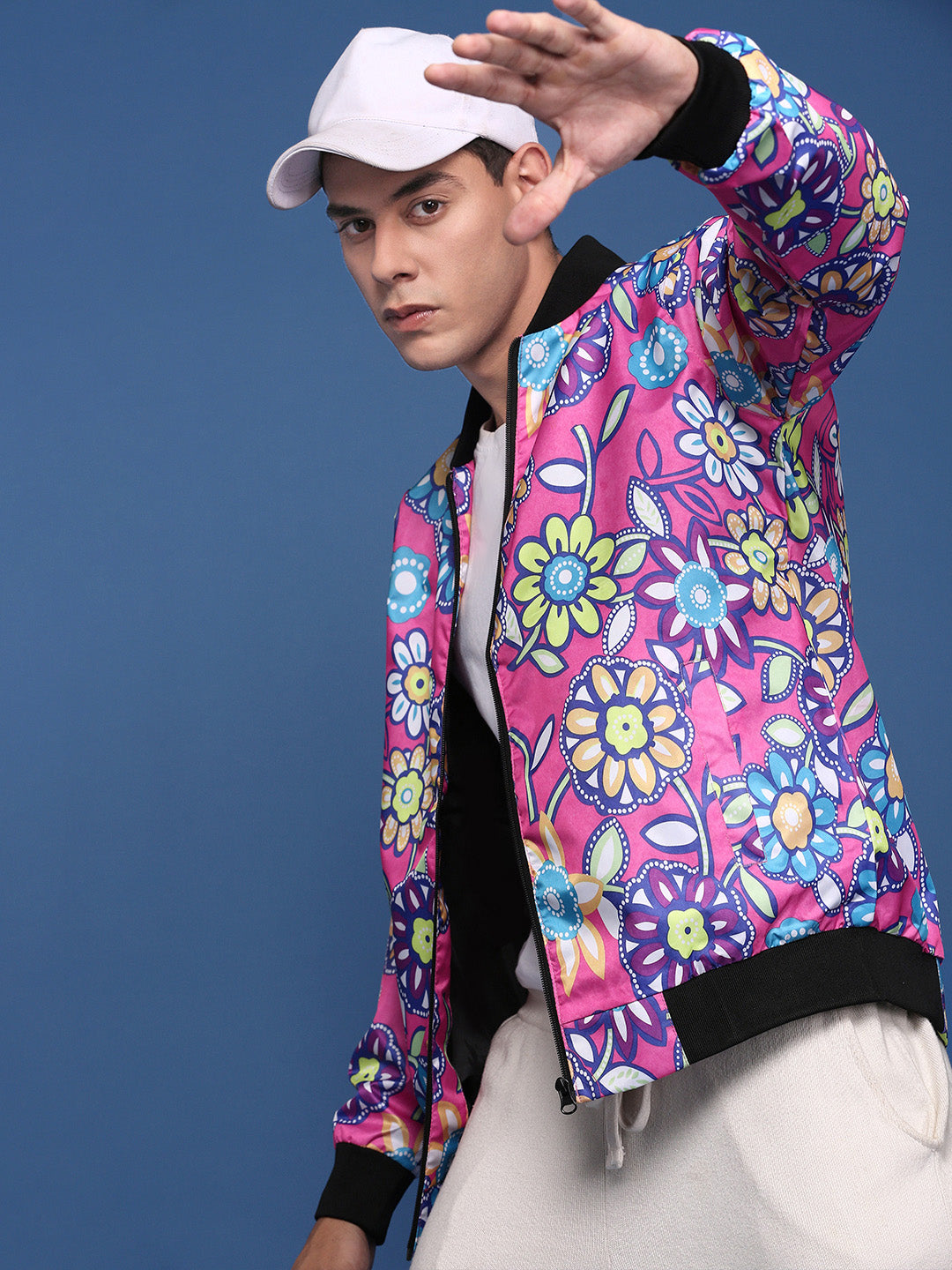 Men Printed Pink Bomber Jacket