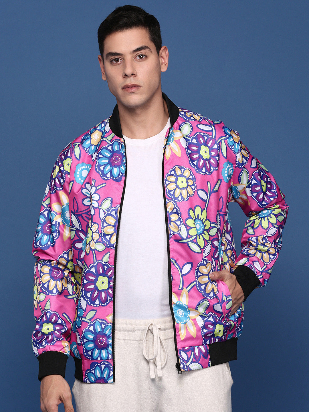 Men Printed Pink Bomber Jacket