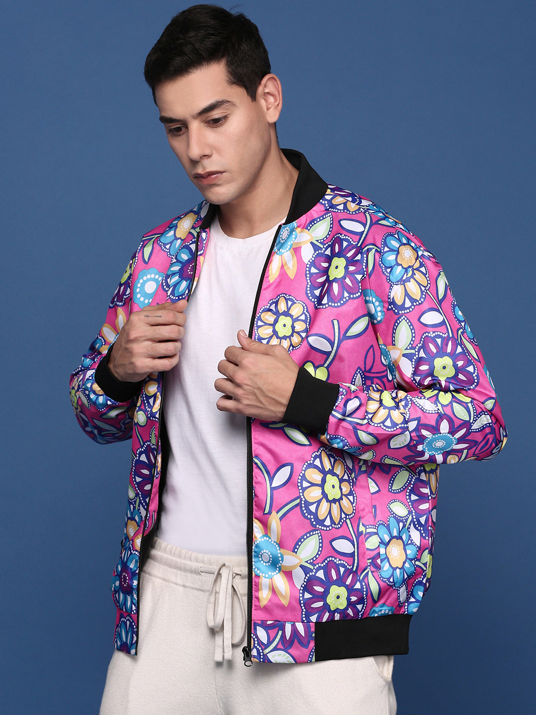 Men Printed Pink Bomber Jacket