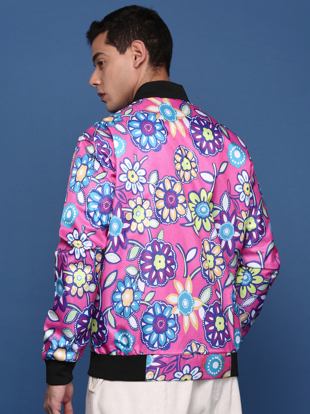 Men Printed Pink Bomber Jacket