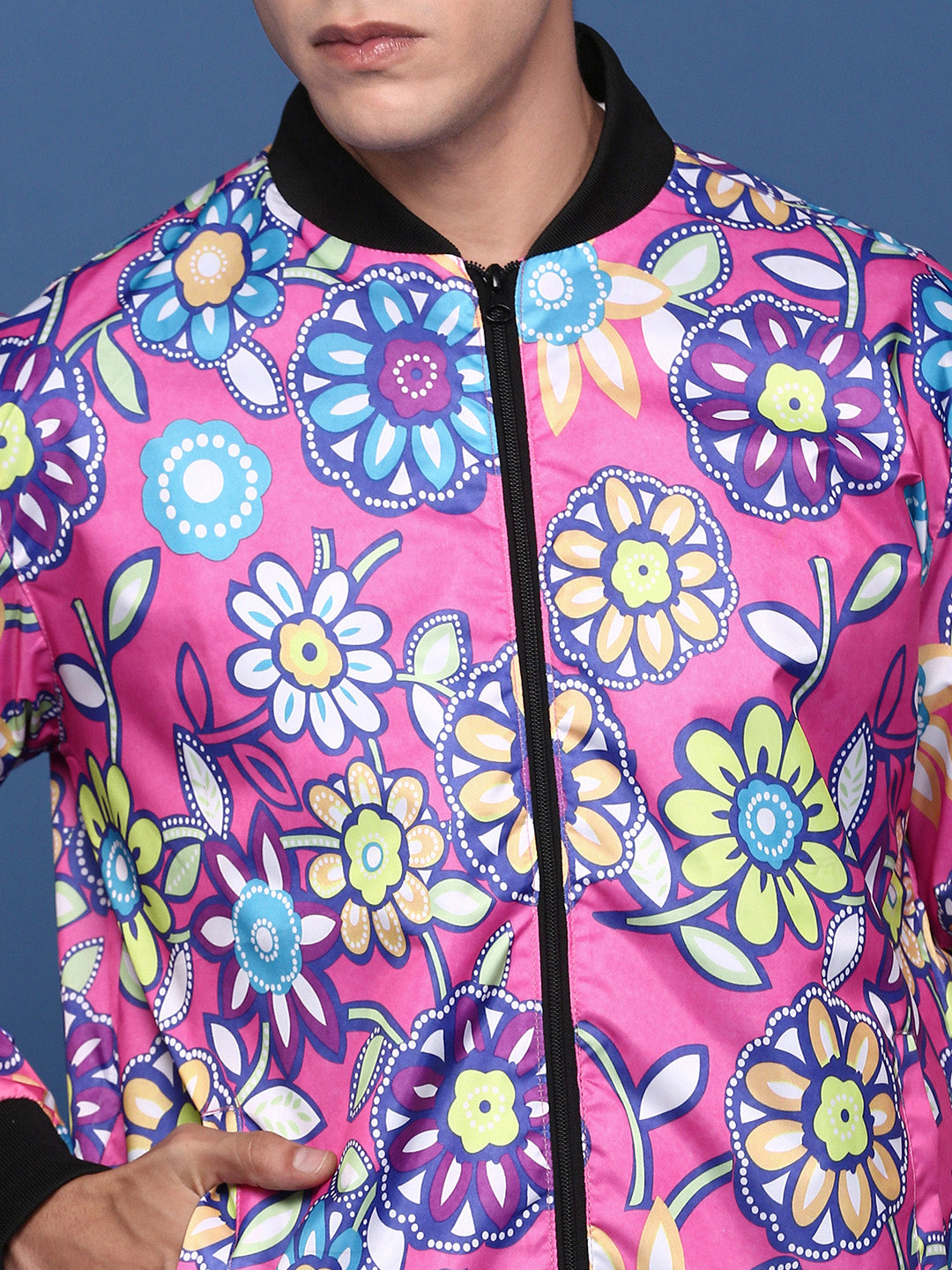 Men Printed Pink Bomber Jacket