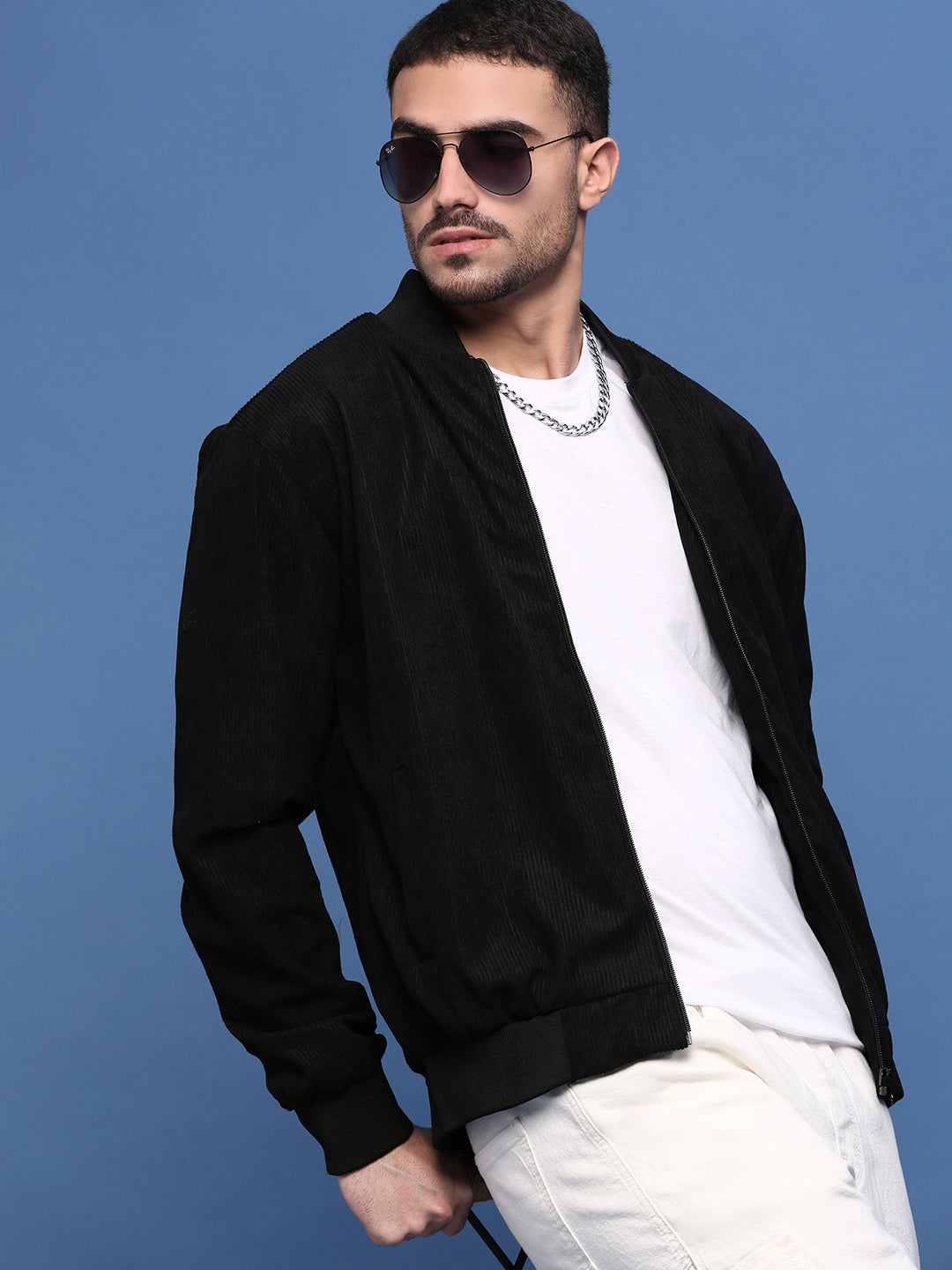 Men Solid Black Bomber Jacket