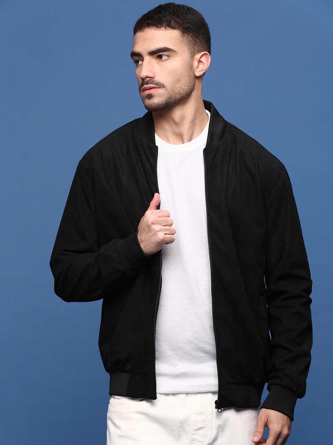 Men Solid Black Bomber Jacket