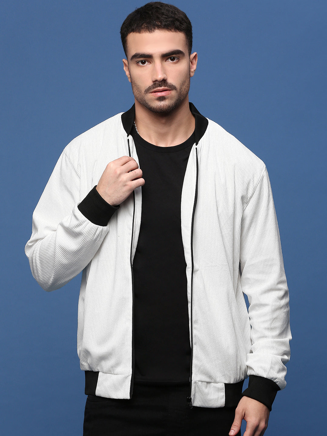 Men Solid White Bomber Jacket