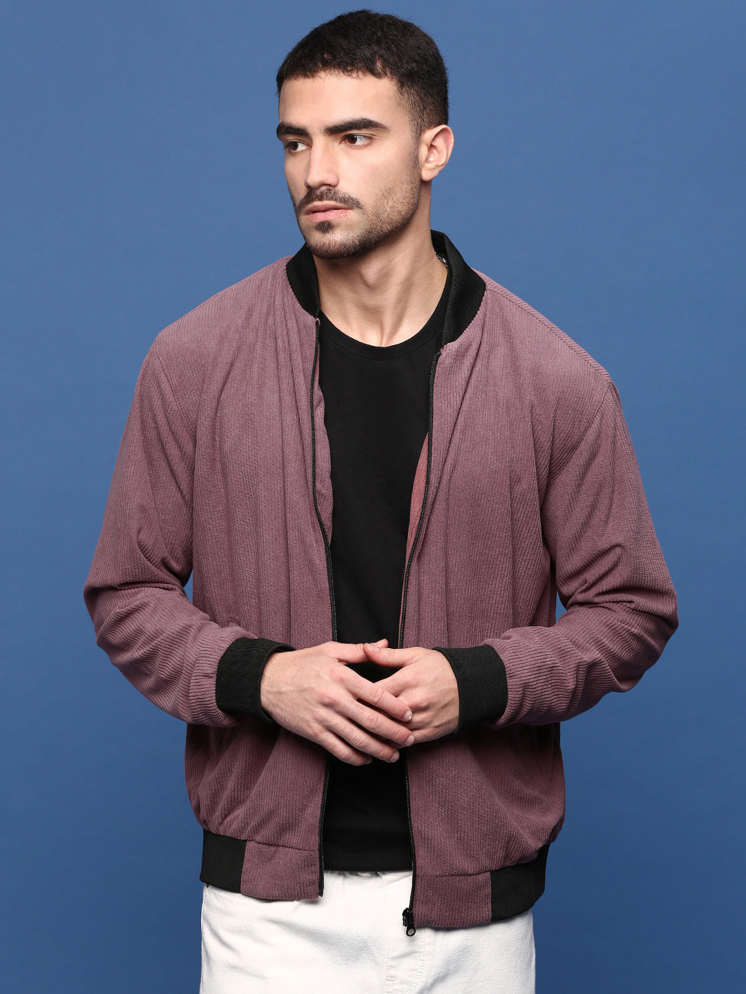 Men Solid Mauve Bomber Jacket