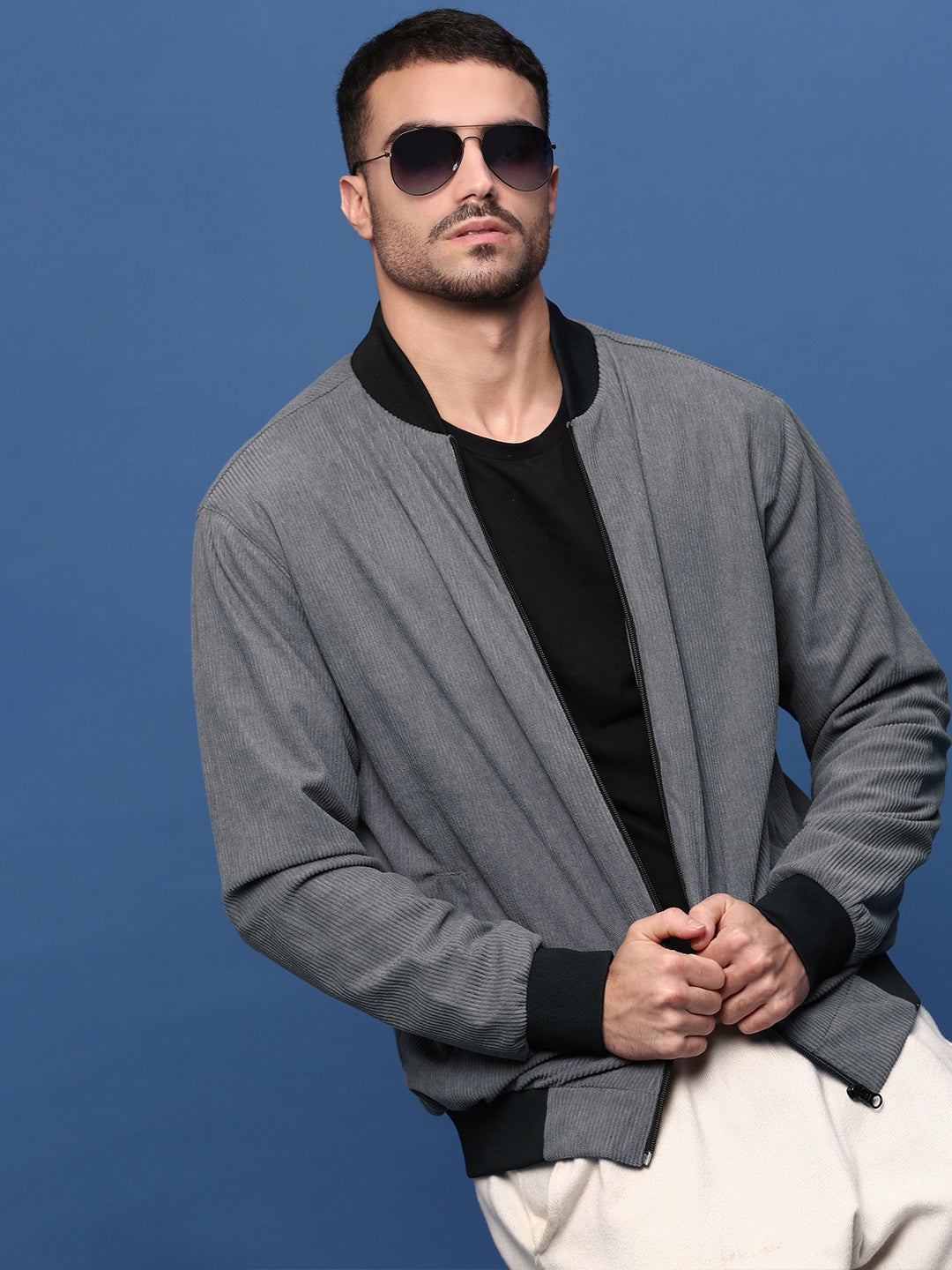 Men Solid Grey Bomber Jacket