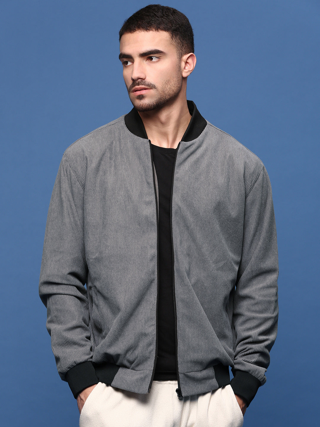 Men Solid Grey Bomber Jacket