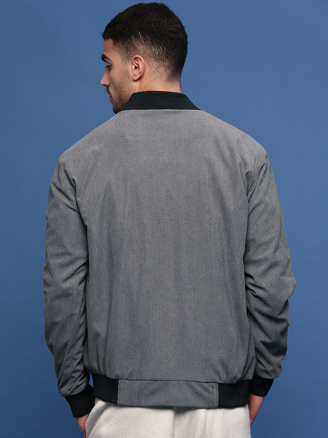 Men Solid Grey Bomber Jacket