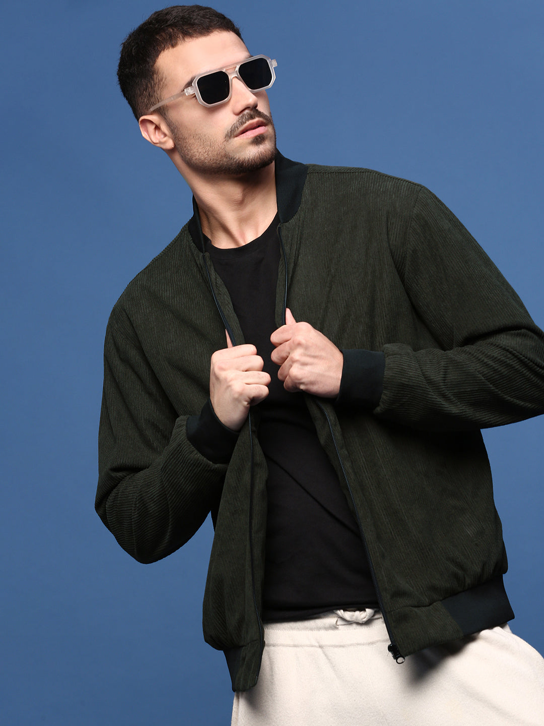 Men Solid Olive Bomber Jacket