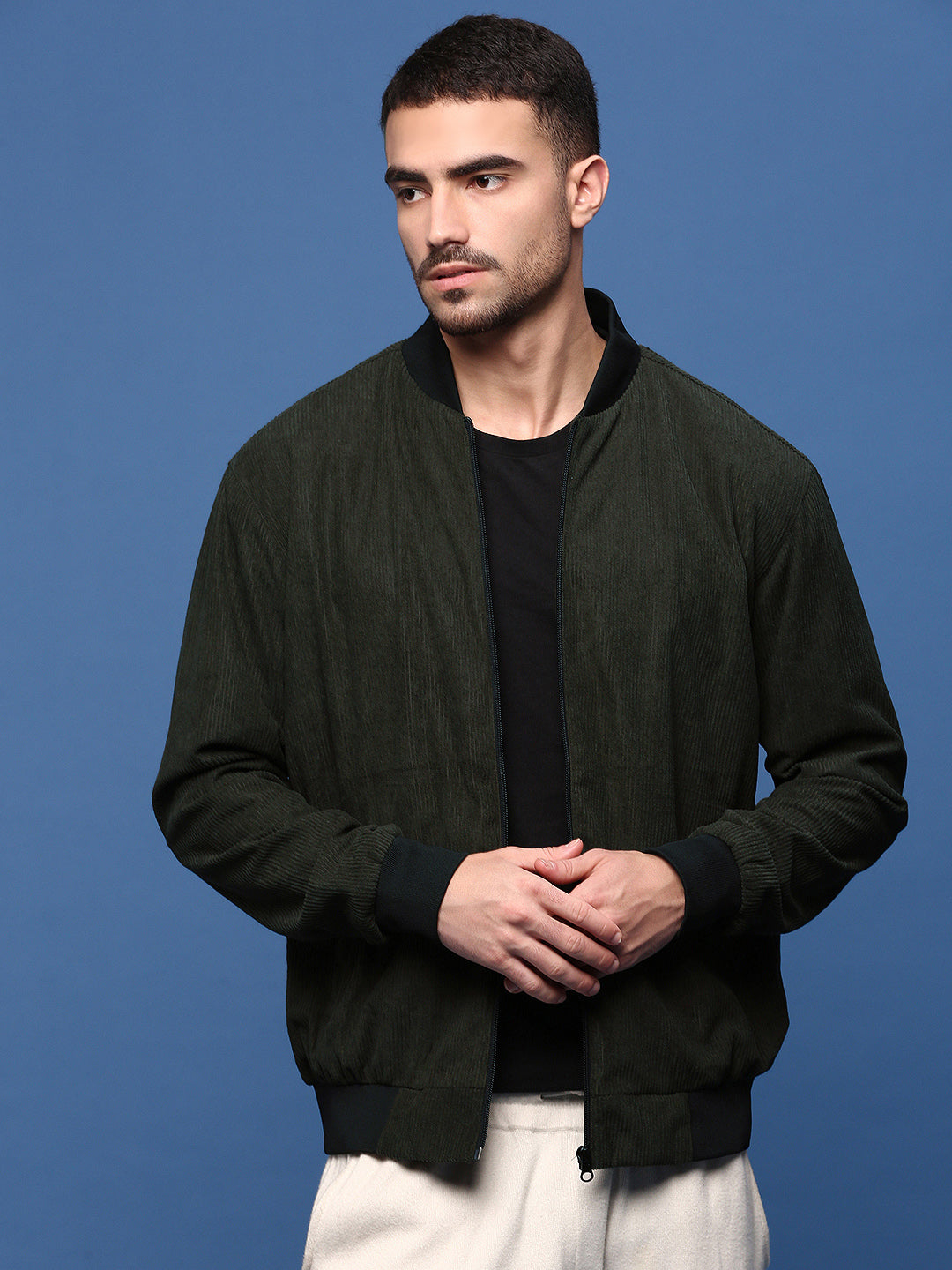 Men Solid Olive Bomber Jacket