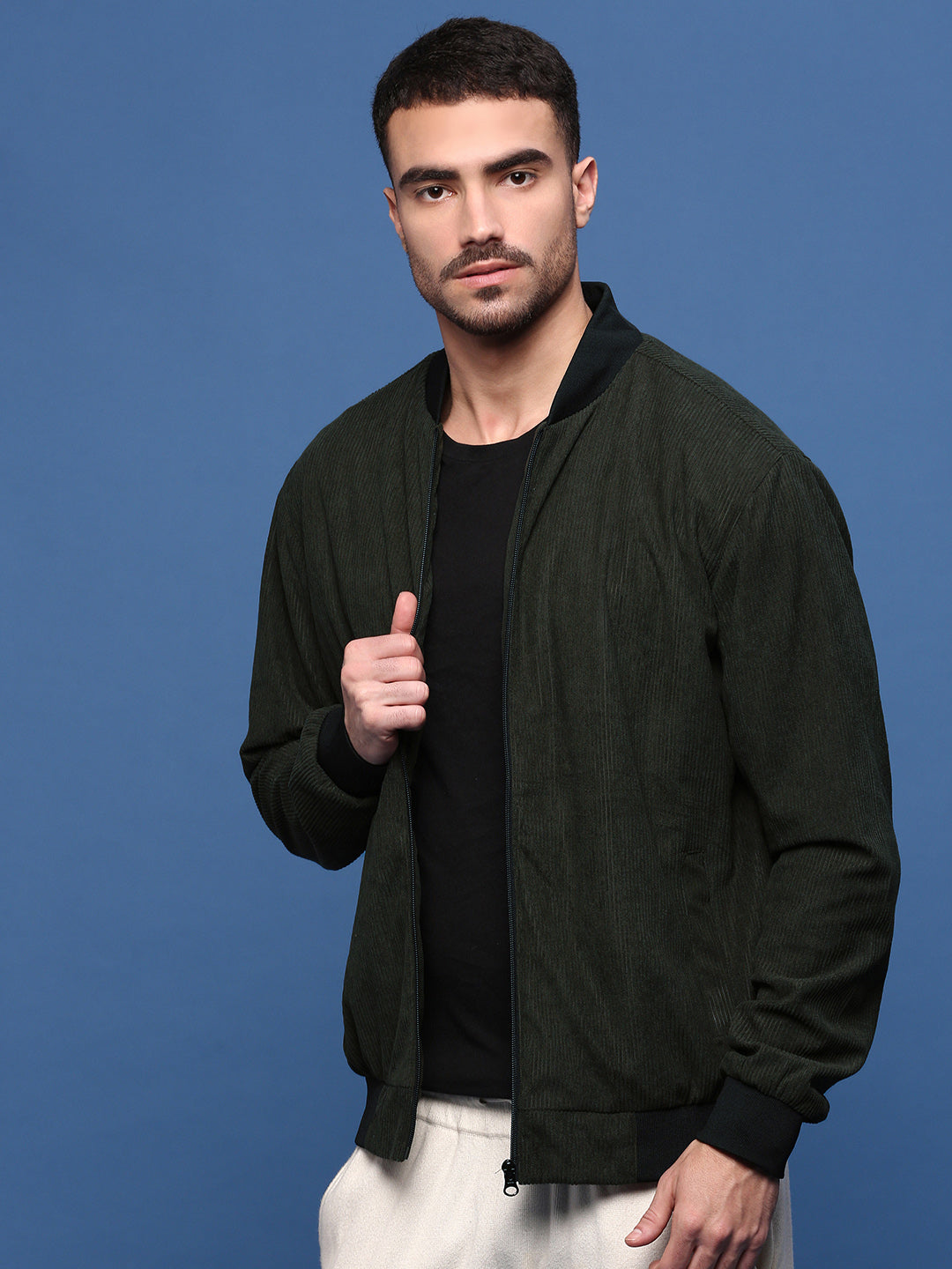 Men Solid Olive Bomber Jacket