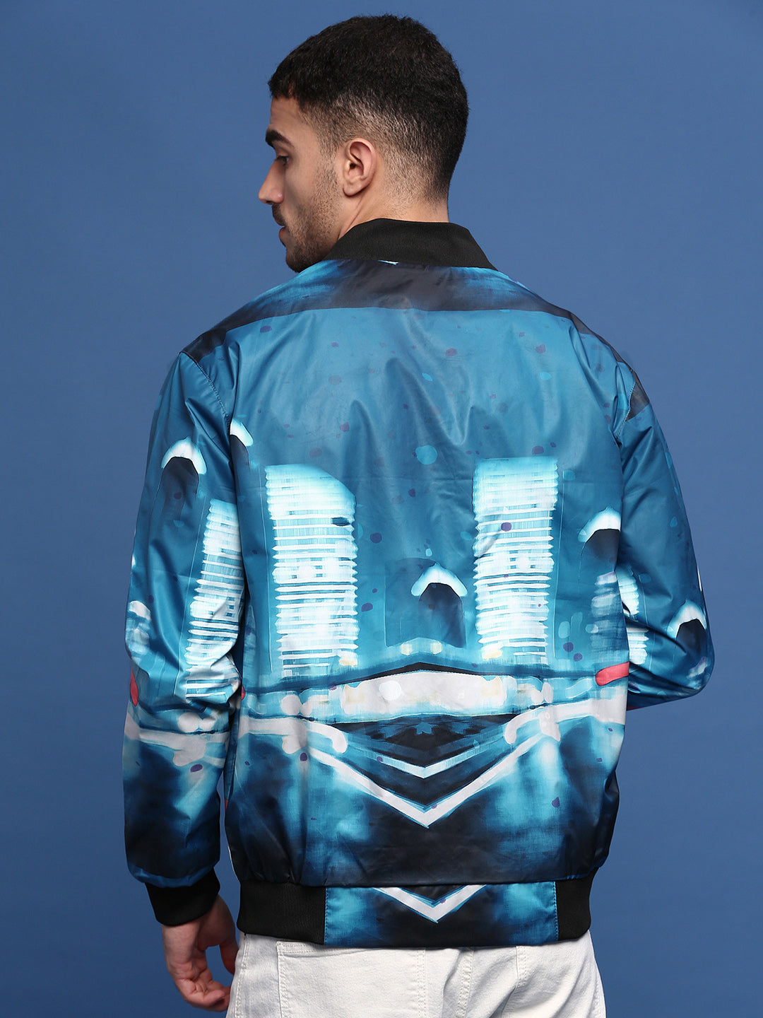 Men Abstract Blue Bomber Jacket