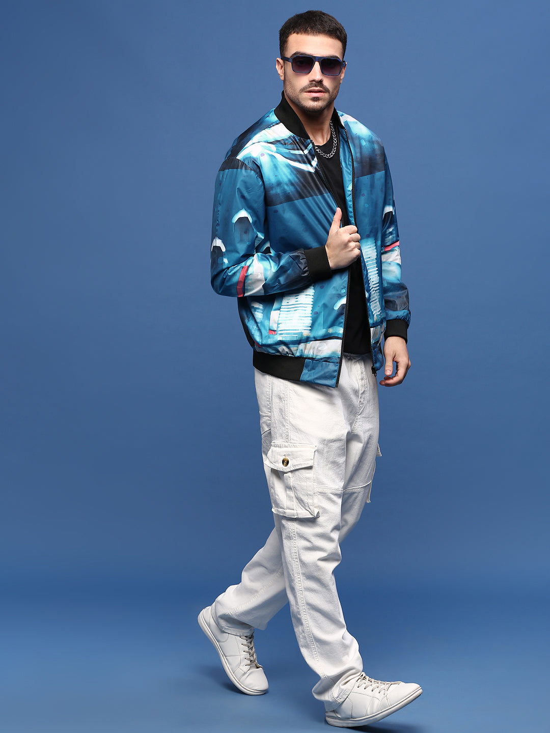 Men Abstract Blue Bomber Jacket