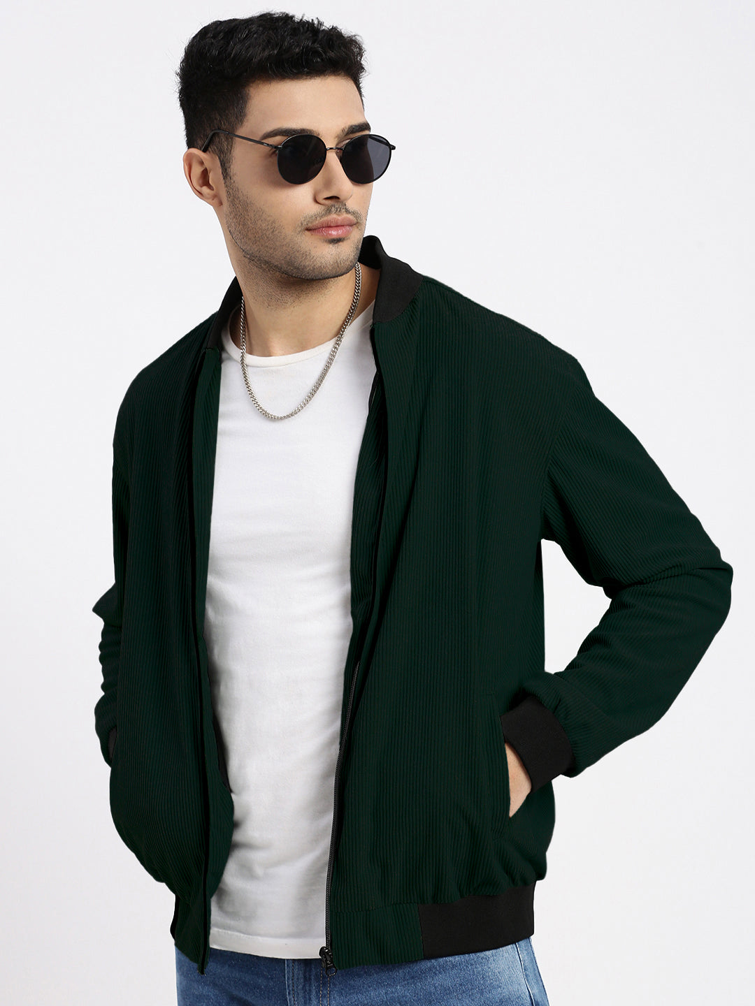 Men's Green Mandarin Collar Corduroy Bomber Jacket
