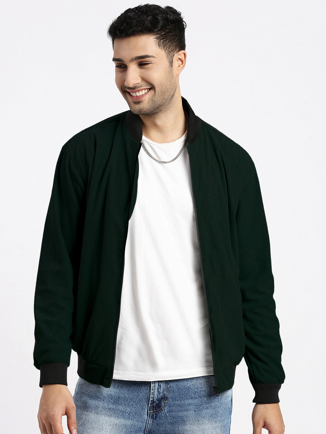 Men's Green Mandarin Collar Corduroy Bomber Jacket