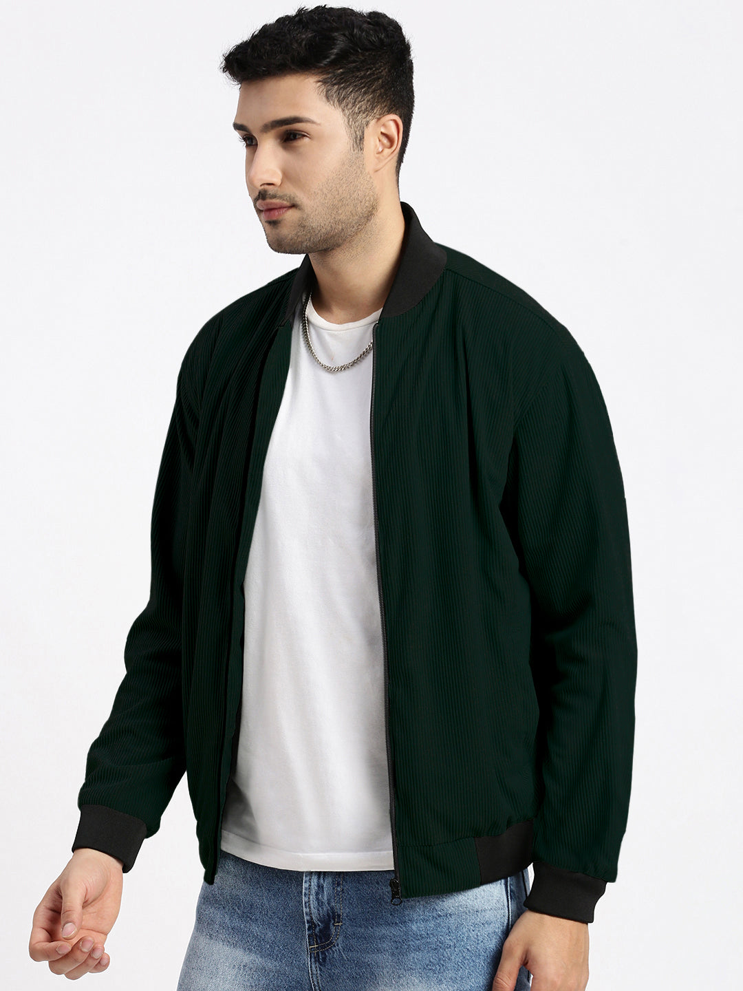Men's Green Mandarin Collar Corduroy Bomber Jacket