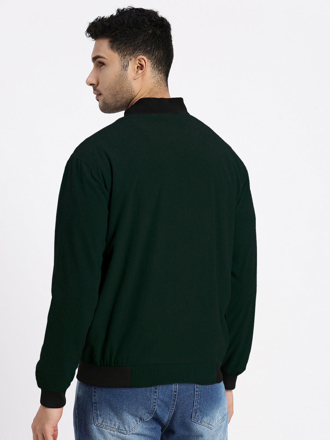 Men's Green Mandarin Collar Corduroy Bomber Jacket