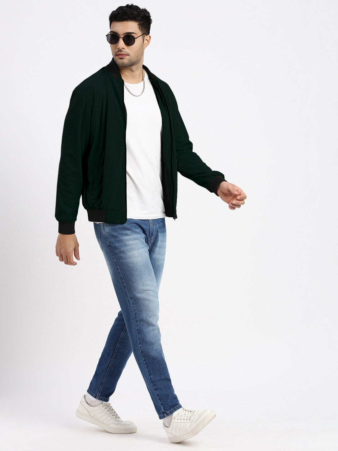 Men's Green Mandarin Collar Corduroy Bomber Jacket