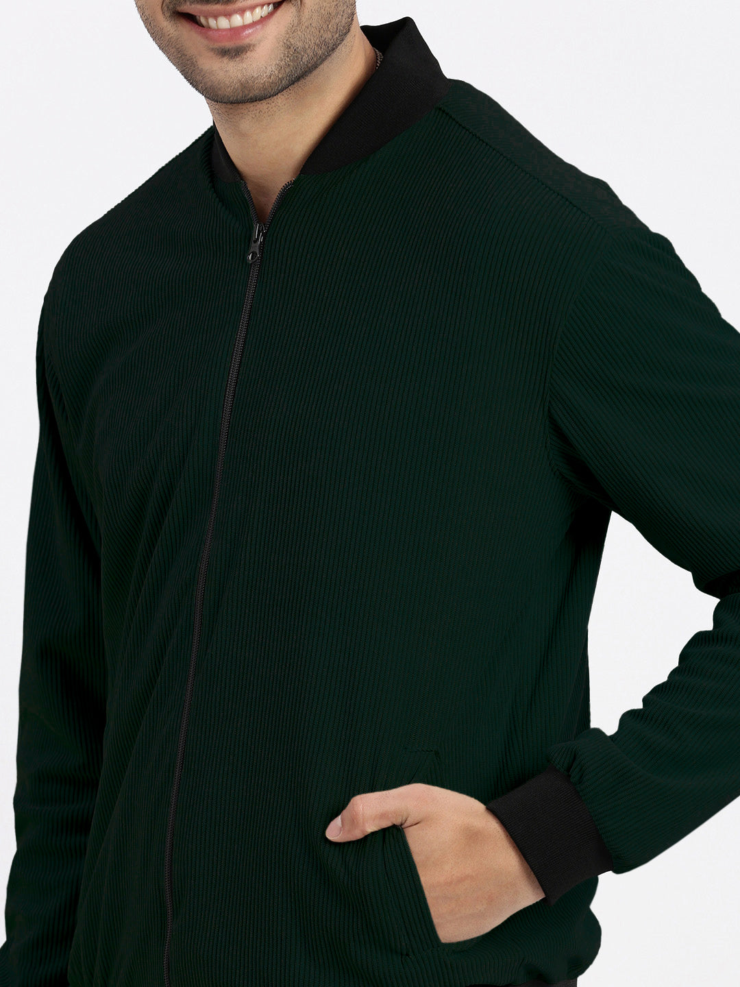 Men's Green Mandarin Collar Corduroy Bomber Jacket