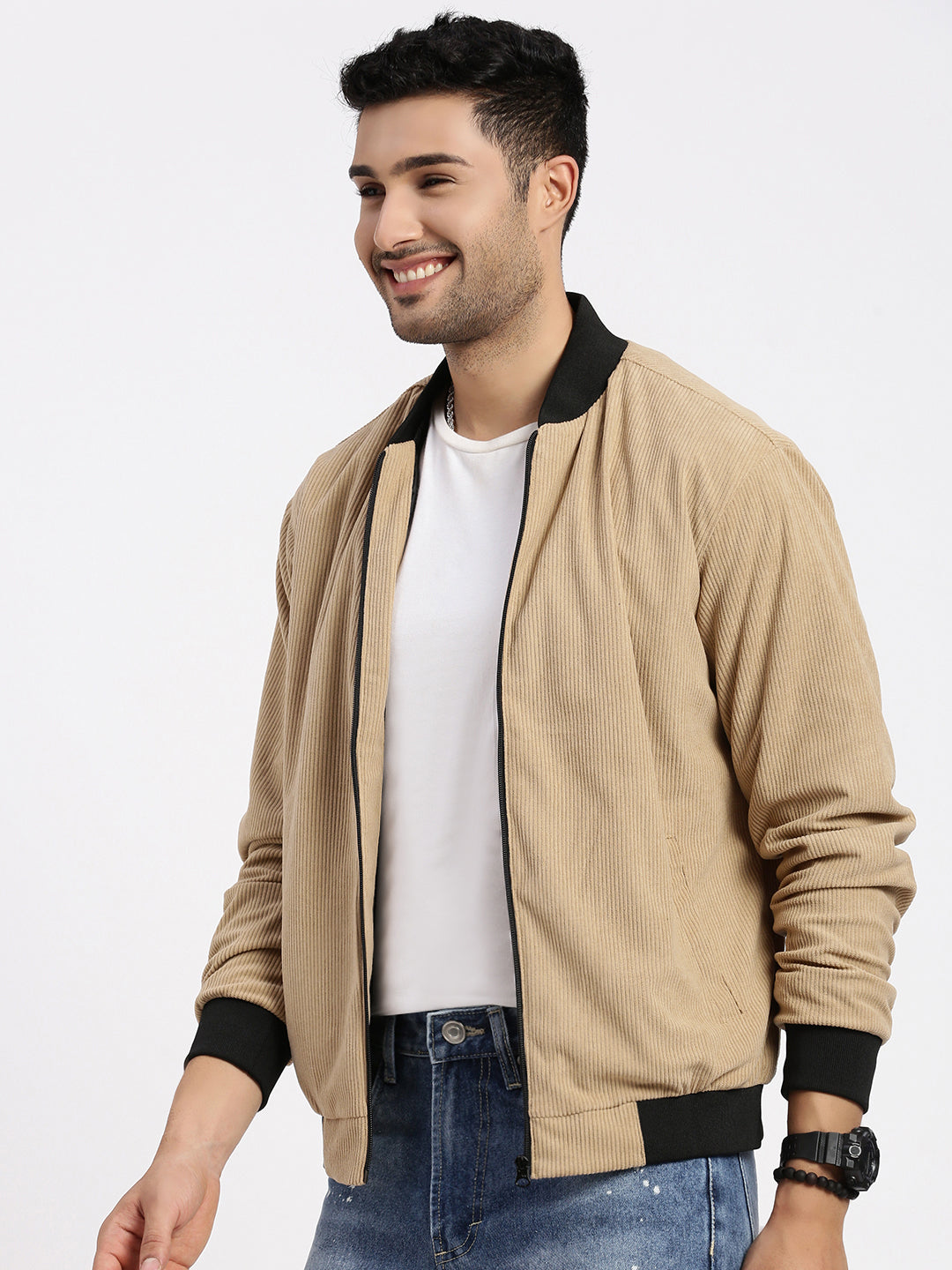 Men Solid Camel Brown Bomber Jacket